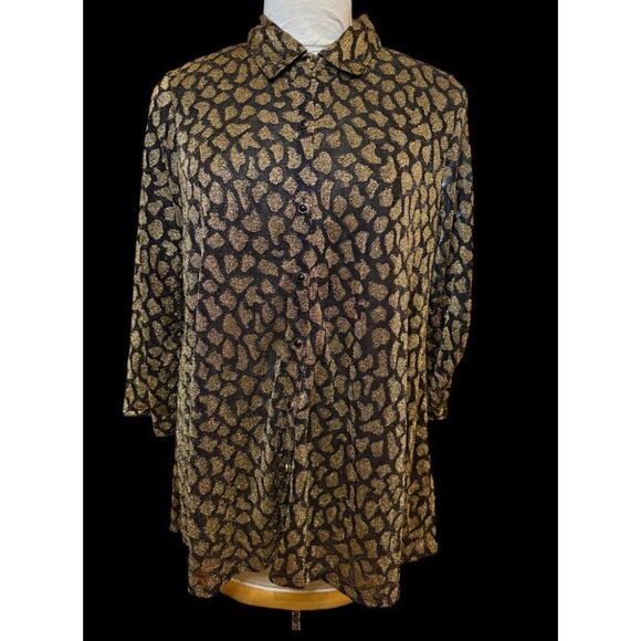 Melissa Paige Women's Long Sleeve Black and Gold Metallic Button Front Blouse L - Picture 4 of 12